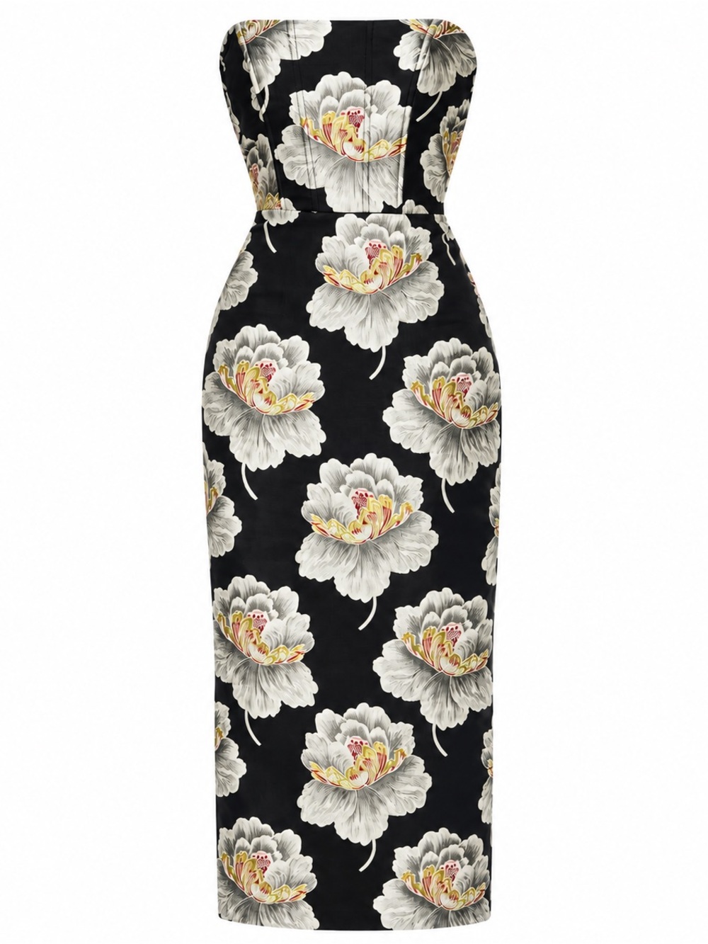 Strapless Black Floral Midi Dress